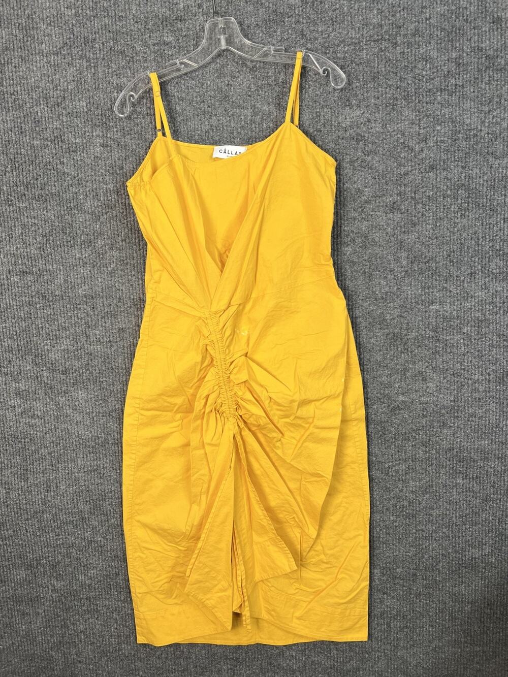 Callas Angie Dress Size 48 Yellow Ruched Square Neck Sleeveless Cotton Casual